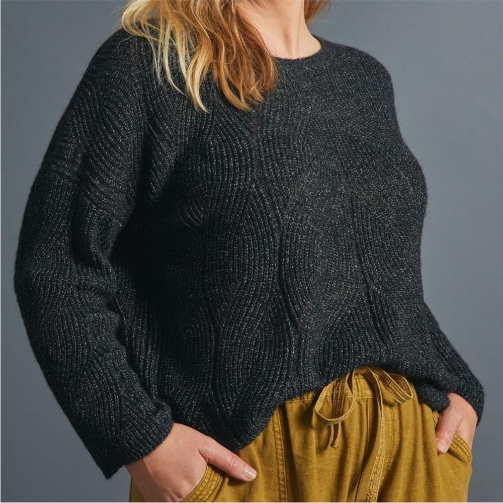ANTHROPOLOGIE Keely Marled Black Cozy Cable Knit Crewneck Sweater